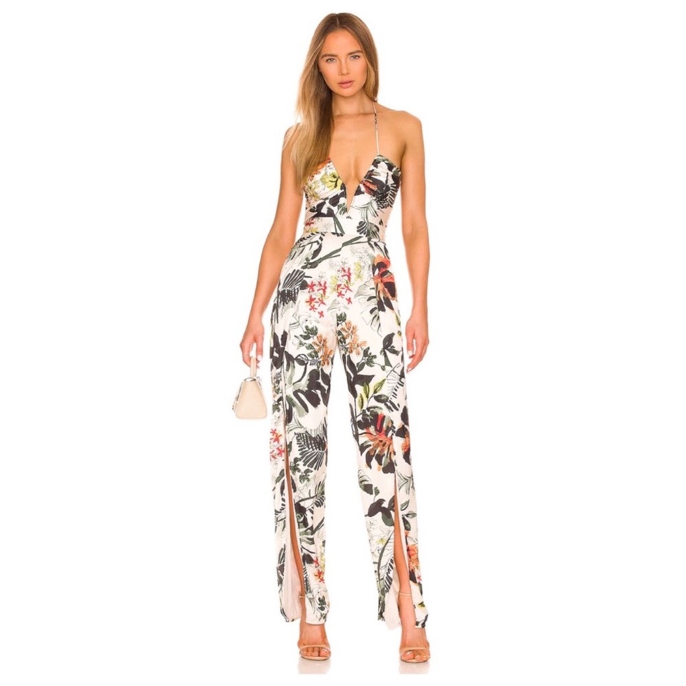 Katie May Anthropologie Never Cross Halter Satin Jumpsuit Neutral Tropical small